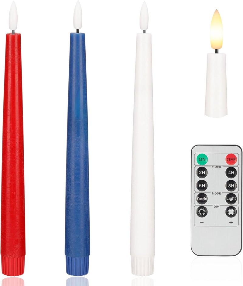 AFINETH Patriotic Flameless Taper Candles With 3D Wick - 9.6" Real Wax Red White and Blue With Remote and Timer - 4th of July LED Battery Operated Fake Candles, 3 Pack - Image 1